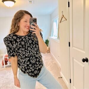 Vintage Laurence Kazar Black Floral Silk Beaded Blouse Top MP